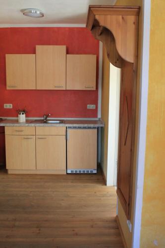 a kitchen with a sink and a red wall at Landhotel Kahrmühle in Pressath
