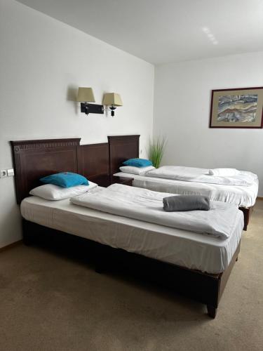 two twin beds in a room withthritisthritislictslicts at Metzgerei Herbst in Besigheim