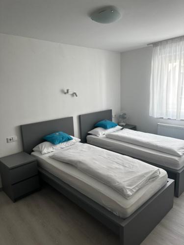 two beds with blue pillows in a bedroom at Metzgerei Herbst in Besigheim