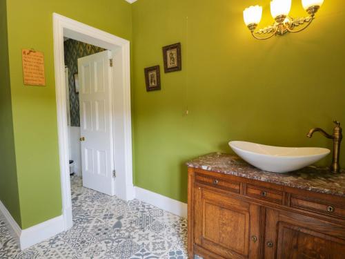 a bathroom with a sink and a green wall at Plas Gwynfryn in Llanbedr
