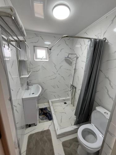 une salle de bain avec une douche, des toilettes et un lavabo dans l'établissement Lovable, à Naryn