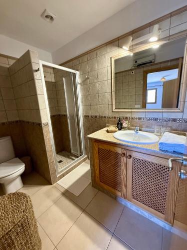 a bathroom with a sink and a shower and a toilet at Agroturismo Sa Marina - Adults Only in Cala Boix