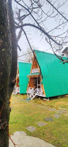 a green roofed house with a porch and a tree at KAIRA HUTs in Manāli