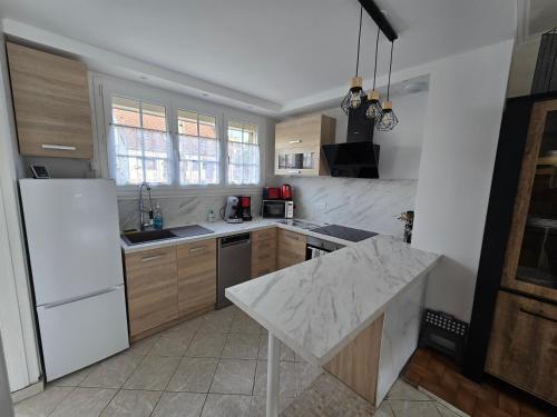 a kitchen with a white refrigerator and a counter at Les Broutays in Revin