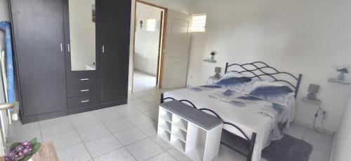 a bedroom with a white bed and a mirror at Villa POMMES D'EAU in Lamentin