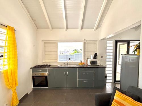 a kitchen with a sink and a microwave at Gîte Tournesol - À 2 min de la plage et du bourg in Anse-Bertrand