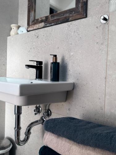 a bathroom with a sink and a mirror at Ubytování TradiceJinak in Dolní Dunajovice