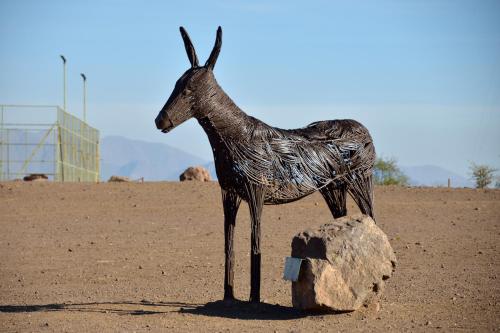 a statue of a giraffe standing next to a rock at Inca Hoteles in Los Andes