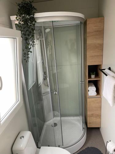 a glass shower in a bathroom with a toilet at Mobile home 4US in Privlaka