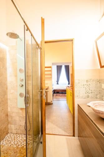 a bathroom with a shower and a glass door at Casa Petra in Sibiu