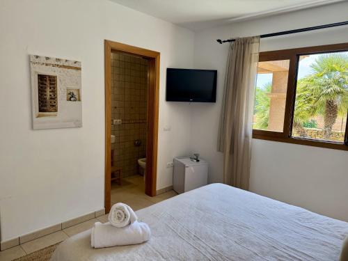 a bedroom with a bed and a window and a television at Agroturismo Sa Marina - Adults Only in Cala Boix