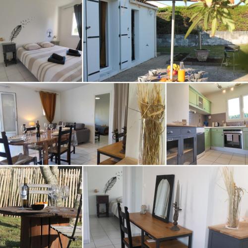 un collage de photos d'une cuisine et d'un salon dans l'établissement Maison La Rose des Vents, avec WIFI, proche plage et commerces, à Brem-sur-Mer