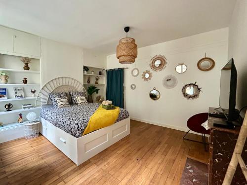 - une chambre avec un lit, une télévision et des étagères dans l'établissement Le Patio des Ducs, Hypercentre, à Dijon