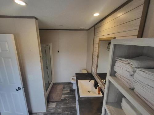 a small bathroom with a toilet and a sink at The Tackle Box in Many