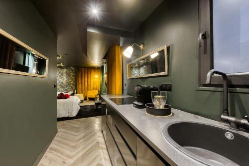 ein Badezimmer mit Waschbecken und ein Zimmer mit Bett in der Unterkunft Évasion Romantique Studio Vert Élégant pour 2 Proche RER C in Choisy-le-Roi