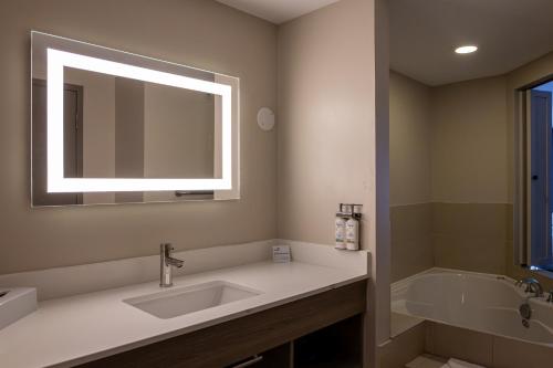 a bathroom with a sink and a tub and a mirror at Holiday Inn Express Hotel & Suites Brockville by IHG in Brockville