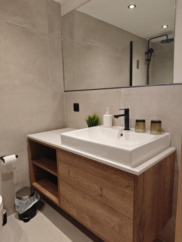 Un baño con un lavabo blanco y un espejo. en Gasthof zur Waag, en Bad Zurzach