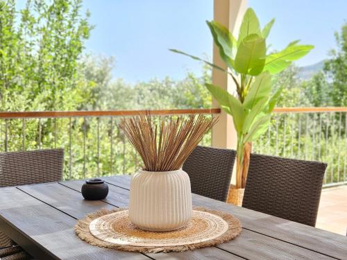 a white vase on a wooden table with a plant at Villa Del Monte in Arménoi