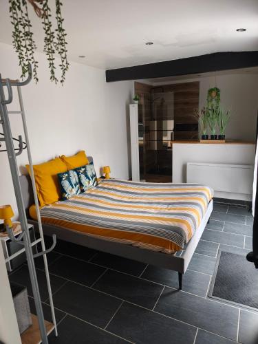 - une chambre avec un lit doté d'oreillers jaunes et d'une échelle dans l'établissement grand Studio 2 personnes, à Saint-Amand-Montrond