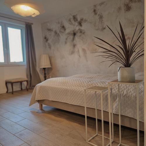 a bedroom with a bed and a potted plant on the wall at Lawendowy Raj in Pilchowice