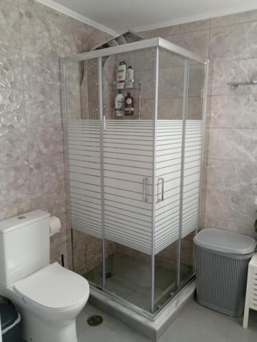 a shower stall with a toilet in a bathroom at Vrontas House in Neapolis
