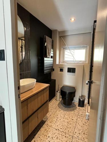 La salle de bains est pourvue de toilettes noires et d'un lavabo. dans l'établissement L'Appartement La Mongie, à Bagnères-de-Bigorre