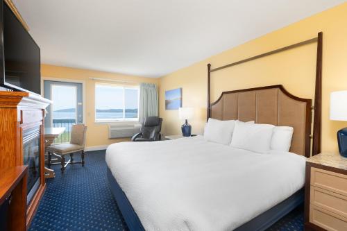 a hotel room with a bed and a television at Fireside Inn, Ocean's Edge in Belfast