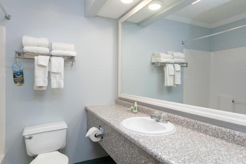 a bathroom with a toilet and a sink and a mirror at Fireside Inn, Ocean's Edge in Belfast