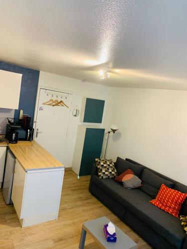 un salon avec un canapé et une cuisine dans l'établissement Cosy appartement centre-ville Gare, à Strasbourg