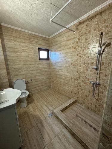a bathroom with a shower and a toilet and a sink at Vila Lotus in Eforie Nord