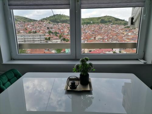 a white table with a potted plant on it in front of a window at MaFi apartment in Bitola