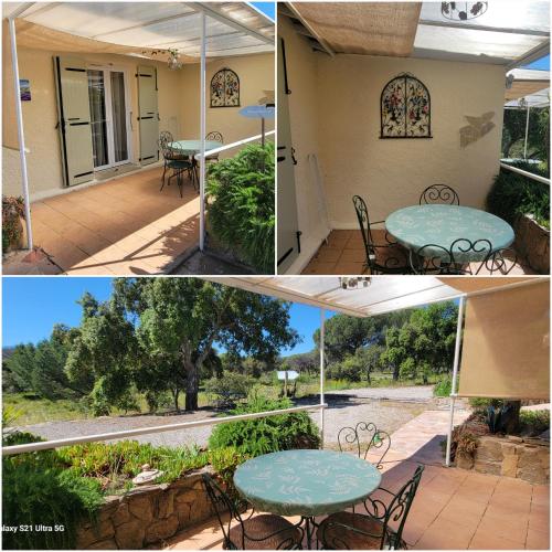 a collage of three pictures of a patio with a table at Le Mas du Rouquan in Vidauban