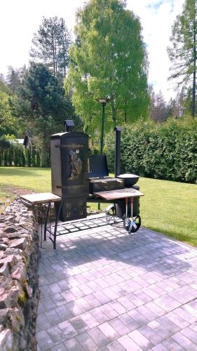 a patio with a grill and picnic tables in a park at Rugpieniai in Jadagoniai
