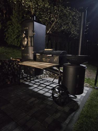 a grill and a trash can in a yard at night at Rugpieniai in Jadagoniai