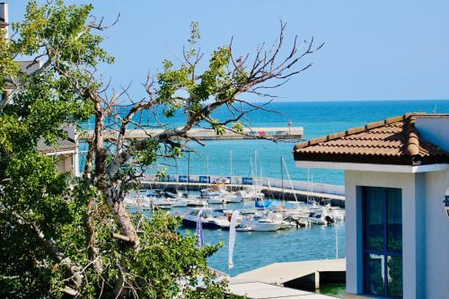 a marina with boats docked in the water at Апартамент “Централ” / Central in Balchik