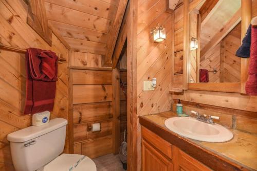 a bathroom with a toilet and a sink in a log cabin at Cute Studio Cabin! Views! Private. Hot Tub. Relax! in Sevierville