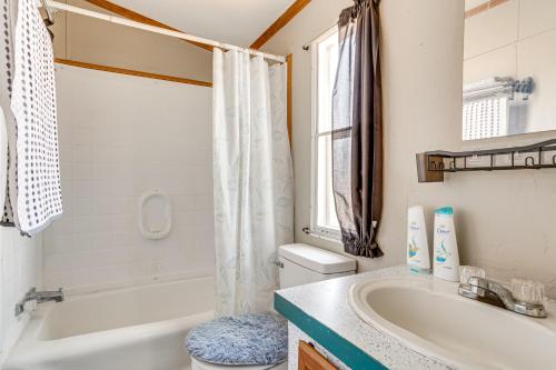 a bathroom with a tub and a toilet and a sink at 13 Mi to OKC Edmond Home with Playground Access! in Edmond