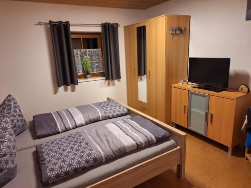 a small room with a couch and a tv at Ferienwohnung Familie Weißenbach in Elbigenalp
