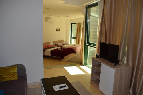 un salon avec une télévision et une chambre dans l'établissement Apartment Bella Luna, à Mostar