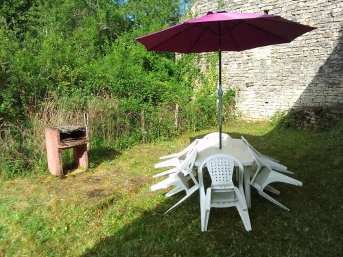 une table et une chaise sous un parasol dans l'herbe dans l'établissement Gîte Dornecy, à Dornecy