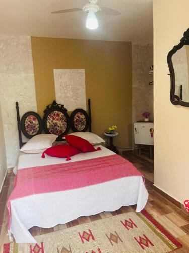 a bedroom with a large bed with red pillows at Pousada Oca Porã in Conservatória