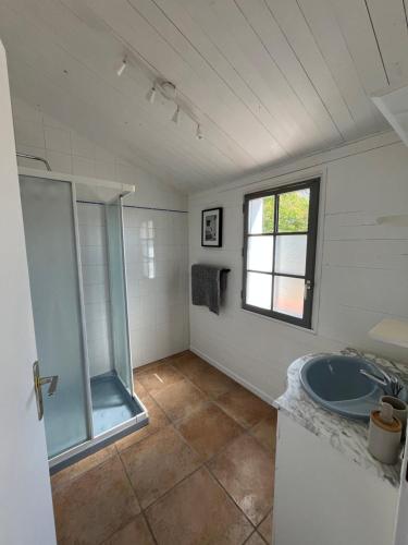 une salle de bain avec une douche en verre et un lavabo dans l'établissement Maison L union, à Beauvoir-sur-Mer