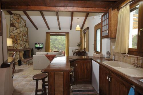 a kitchen with a sink and a living room at Apolithomeno Dasos Holiday Villas near Alexandroupolis in Lefkimmi