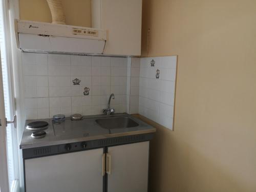 una cucina con lavandino e parete piastrellata di Sea and Sun Erato Studios a Loutra Edipsou