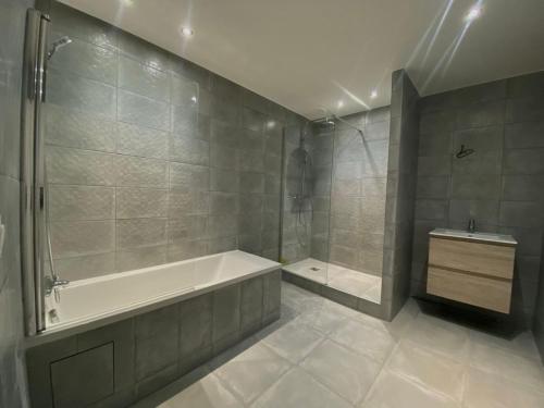 une salle de bain avec une baignoire, une douche et un lavabo dans l'établissement Les gîtes du pécheur !, au Crotoy