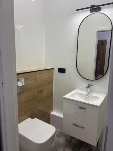 ein Badezimmer mit Toilette, Waschbecken und Spiegel in der Unterkunft Drzewna Apartamenty-Wojska Polskiego in Zielona Góra