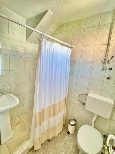 a bathroom with a shower curtain and a toilet at Apartments Zeneva in Donji Štoj