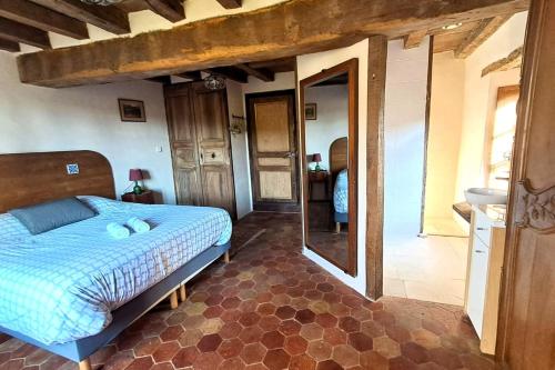 a bedroom with a blue bed and a mirror at La Bastide des Chézeaux - Brenne in Rivarennes