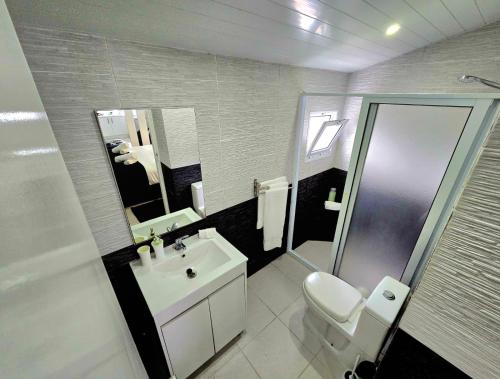 a bathroom with a sink and a toilet and a mirror at The Cedar Tree Studio in Sete Cidades