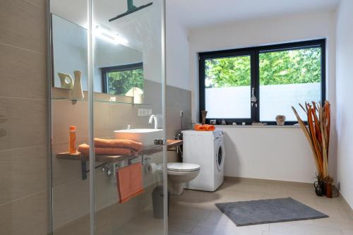 a bathroom with a toilet and a sink and a shower at Casa Lotti in Sangerhausen